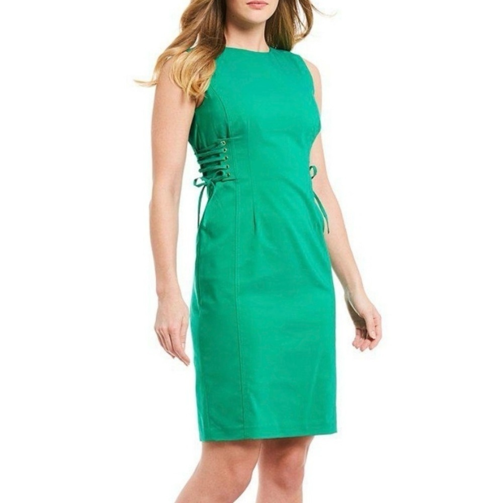 Calvin Klein Side Lace-Up Corset Sheath Dress Size 4 Green Exposed Zip Stretch